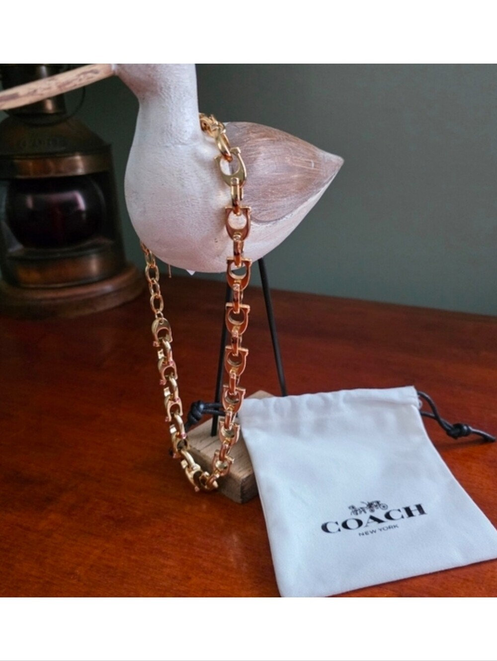 Coach CD838 Signature Link Chain Necklace Gold Plated Brass Glass NWT